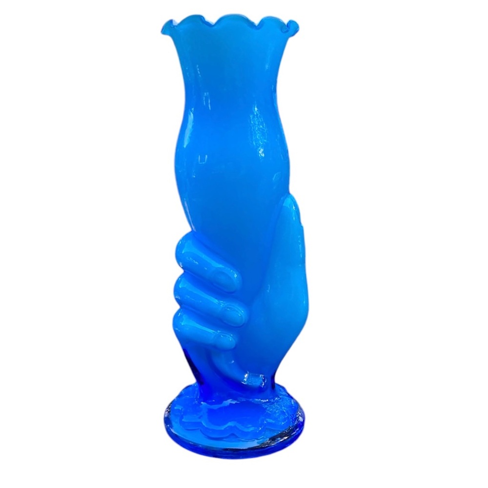 Vintage Fenton Art Blue Overlay Milk Glass Ripple Hand Vase Torch RARE 8.5”